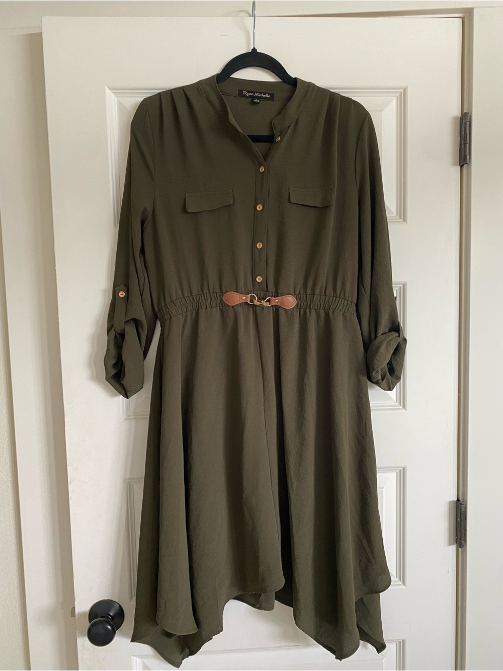 Women’s Asymmetrical Olive Green Shirt Dress with Waist Hook